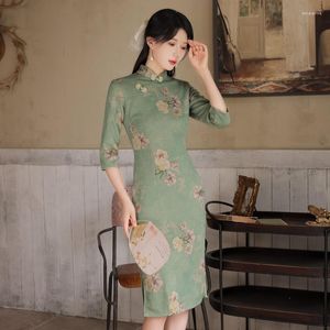 Etniska kläder kinesiska smala tryck kvinnor cheongsam raka klänningar vintage mandarin krage bankett prom klänning halv ärm höst qipao