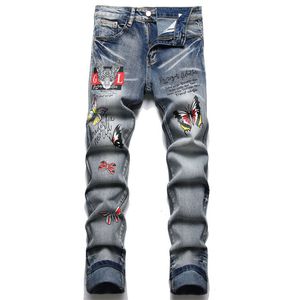 Nowe dżinsy spodnie chino spodni męskie spodnie rozciągają blisko dopasowane spodnie zmyte proste chude haftowe patchwork Ripped męski trend marki motocykl dżinsy-d05