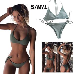 Kvinnors badkläder kvinnor push-up vadderad bikini snör upp hög midja solid bh baddräkt halter sexig strandkläder vikinis para mujer #g2