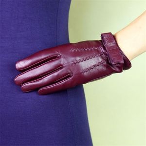 Five Fingers Gloves Genuine Leather Female Wrist Butterfly Knot Sheepskin Autumn Winter Plus Velvet Thicken Woman's DQ16021