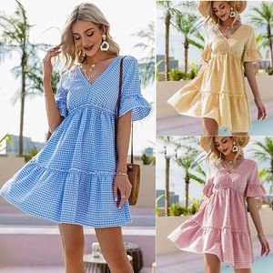 Casual Dresses Summer Dress Sexy V-Neck Backless Loose Lace-Up Holiday Shirring Layered Cake Plaid Mini Skirts Beach Party Vestido Mujer