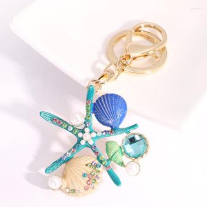 Keychains easya 2 färger Sea World Crystal Starfish Keychain Fashion Simulated Pearl Shell Keyring Holders For Women Bag Car Key Chains