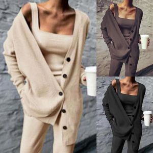 Women's Two Piece Pants 3pcs/Set Vest Coat Set Solid Color Knitted Cardigan Sweater Outfit Single-breasted Trouser For Daily