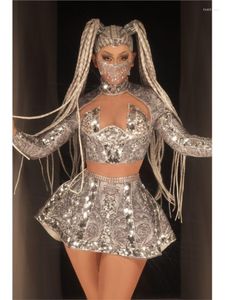 Scen Wear Flashing Silver Sequin T-shirt kort kjol outfit födelsedag prom kvinnor dansare show nyhet set