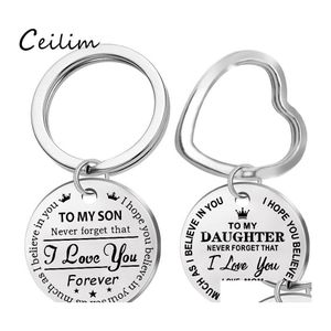 Nyckelringar till min son Rostfritt st￥l Keychain Graverad dotter ￤lskar mamma Keyring Heart Chains Charm Pendant Jewelry Gift Drop Delivery Otdme