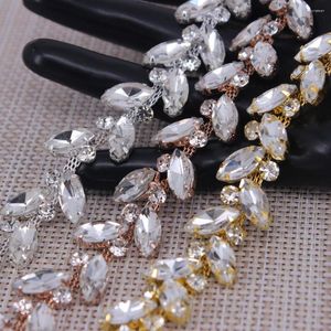 Hair Jewelry Brilliant Leaves Shape Crystal Rose Gold Silver Rhinestones Trim Metal Chain Ribbon For Dress Decoration Accessories