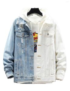 Men's Jackets Fashion Mens Patchwork Two-tone Denim Jacket Ripped Slim Fit Jean Coat For Male