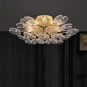 Full Copper Crystal Ceiling Lights Fixture American Modern Luxury Ceiling Lamps European Art Deco Romantic Surface Mounted Hanging Lamp Home Indoor Lighting