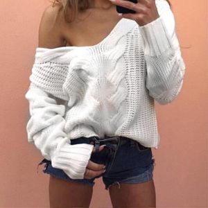 여자 스웨터 섹시한 백인 여자와 풀오스 가을 겨울 따뜻한 니트 스웨터 v 넥 오프 어깨 니트웨어 풀 오버 스웨원