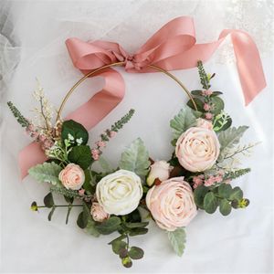 Bröllopsblommor Sesthfar Dusty Rose Pink Bridal Bouquet Loop Hand Holding Flower Round Gold Metal Ins Romantic Pography Accessories