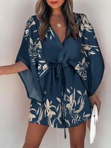 Party Dresses Sexy Printed Batwing Sleeve V-Neck Belted Dress Women Summer Fashion Single Breasted Loose Mini Casual Vacation 2023