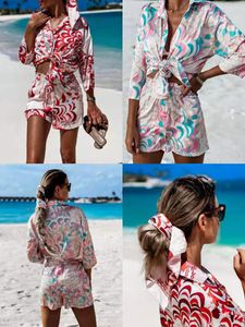 Women's Swimwear 2023 Summer Leisure Comfortable Printing Long Sleeve Shirt Shorts Women's Beach Style Suit Sunscreen Clothes