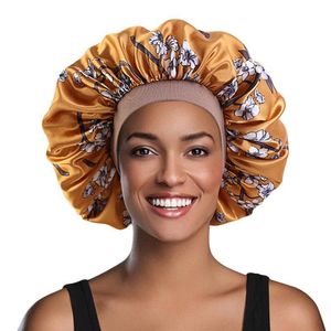 Ly Women Extra Large Beauty Print Satin Silky Bonnet Sleep Night Cap Head Cover Hat For Curly Springy Hair Care Accessories