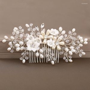 Hair Jewelry Wedding Flower Headdress Combs For Bride Silver Rhinestones Pearls Women Hairpins Bridal Headpiece Jewellery