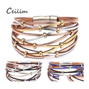 Link Chain Handmade Gold Sier Beads Leather Bracelets For Women Men Fashion Mtiple Layers Charm Wrap Bracelet Bangle Wholesale Jewe Otsps