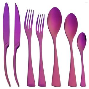 Dinnerware Sets High Quality Purple 7Pcs Tableware Stainless Steel Steak Knife Fork Tea Spoon Cutlery Set Western Kitchen Silverware