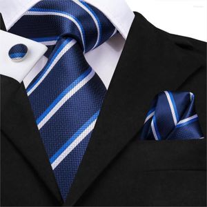 Bow Ties SN-3186 Silk Woven Men Tie Set BLue Striped Necktie Hanky Cufflinks Luxury Quality Fashion Men's Party Wedding