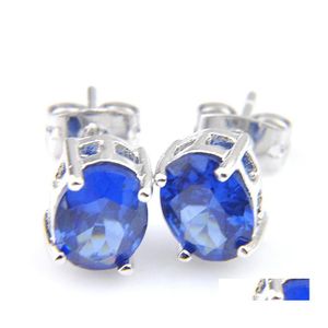 Stud Luckyshine Holiday Gift 925 Sterling Sier Plated Oval London Topaz Kolczyki 8x6 mm Niebieski cyrkon Kobiet biżuteria Uchusza Dostawa Dhheb