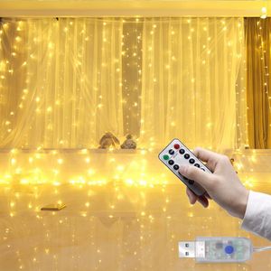 Strängar USB gardinlampor 300 LED 8 -lägen Sträng Garland Julgran Fairy Light Chain Connectable Waterproof Home Garden Party Party