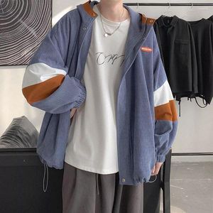 Herrjackor i vårens höstens jacka kontrast färg cardigan huva corduroy kappa unisex koreansk stil trendig stilig varsity j