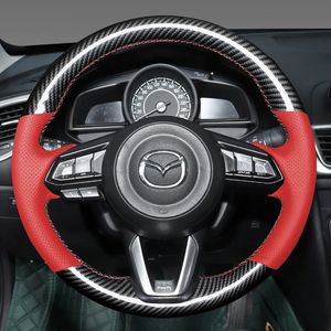 Mazda 6 Atenza için 2017-2019 Mazda 3 Axela 2017-2019 Elle dikilmiş karbon fiber kaymaz kırmızı deri araba direksiyon kapağı