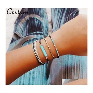 Link Chain 4 Pcs Set Bohemia Beach Wax Rope Bracelets Handmade Square Charms Blue Seed Bead Friendship Bracelet String Drop Deliver Otrvw