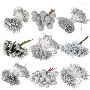 Fiori decorativi 1 pacchetto di fiori artificiali in plastica per decorazioni domestiche calde Ciondoli a forma di sfera color argento con stame fai da te