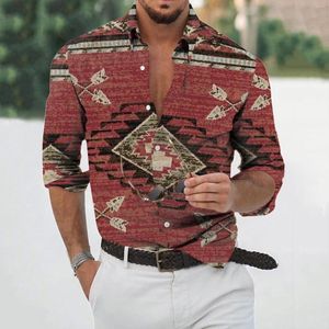 Camisas casuais masculinas Men Slim Fit Print Print Ethnic Folk Shirt