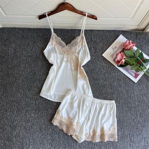 Women's Sleepwear 2 Pcs Women Silk Pajamas Sexy Summer Lace Satin Pijamas Set With Shorts V-neck Lingerie Female Pyjamas Homewear Suit