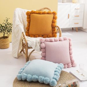 Pillow Pompom Ball Cover Vintage Yellow Ivory Pink Green Knit 45x45cm Zip Open Home Decoration Sofa Bed