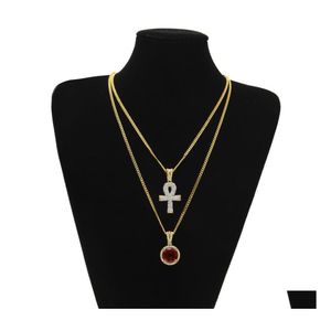 Colares pendentes egípcios grandes chaves ankh sets redondos rubi safira com shinestones encantos cruzados de link cubano para homens hip hop otcwx