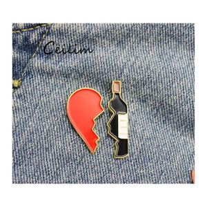 Pins Brooches Designer 2Pcs/Set Broken Heart Wine Bottle Brooch Cute Metal Red Black Enamel Pins Fit Denim Jacket Bag Pin Badge Jew Otlme