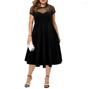 Plus Size Dresses Black Elegant Dress Women Sexy Pleated Short Sleeve Mesh Patchwork Hollow Out Blakless Female Curvy