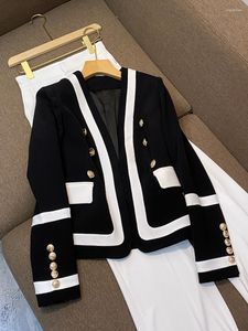 Damenjacken F GIRLS Modische hübsche Jacke Metall Zweireiher Schwarz und Weiß Kontrastfarbe Mode Slim Hochwertiger Anzug O45