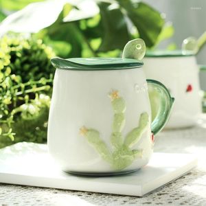 Tazas Nordic Plant Creative Ceramic Coffee Copa con cuchara de tapa Lindo desayuno de agua de agua Eco-friendly reutilizable Vedina para beber