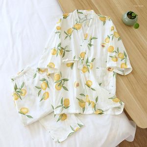 Kadın pijama Japon Kimono Bahar ve Sonbahar Kadınlar Çiçek Gevşek Pijama Takım Pamuk Üç Çeyrek Kollu Ev Servisi İnce Yaz