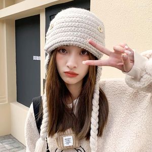 Basker höst och vinter stickad bombplan hatt varmt öronskydd söta kvinnors hattar japanska avslappnade mångsidiga handgjorda mössor