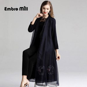 女性用トレンチコート高品質のシルクコート中国語スタイルの刺繍スタンディングカラー秋の長袖ファッション女性M-2xl
