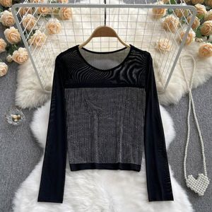 Women's T Shirts Korean Style O-Neck Graphic T-Shirts Diamonds Tshirt Full Sleeve Black Slim Tops For Women Clothing Spring/Autumn Drop