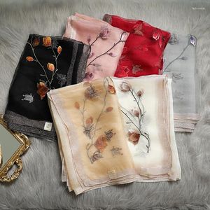 Scarves Floral Embroidery Real Silk Wool Scarf For Women Winter Shawls Hijab Wraps Pashmina Bandana Foulard Wholesale