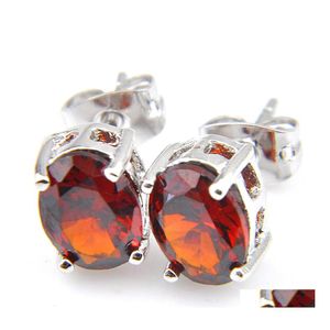 Stud Luckyshine 6x8 mm Kamień klejnot 925 Sterling Sier Plated Red Garnet Kolczyki dla kobiety owalne CZ biżuteria z cyrkonem dostawa dh7tc