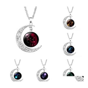 Collane con ciondolo 12 Segno zodiacale Luna per le donne Cabochon in vetro Constellation Catene con ciondoli Gioielli di moda Regalo Drop Delivery Pendenti Otsyx