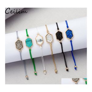 Charm Bracelets Sparkling Crystal Quartz Druzy Bracelet Colorf Geometry Natural Stone Wax Rope Chain Bangles For Women Summer Beach Otiey