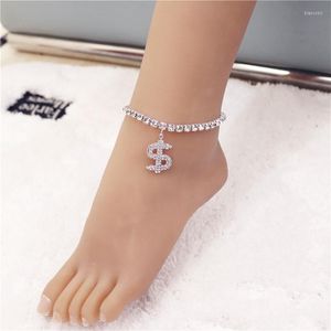 Anklets Creative Full Rhinestone Dollar Symbol Pendant Foot Chain Ladies Sexig Fashion Crystal Ankle Claw smycken Tillbehör