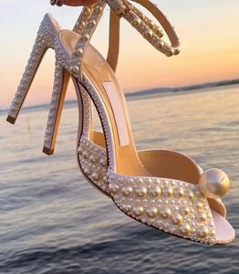 2023 London Brands Sacora Sandals Shoes For Bidal Wedding High Heels White Pearls Leather Ankle Strap Peep Toe Elegant Lady Pumps EU35-43