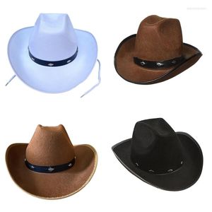 Berretti Moda Cappello da cowboy vintage Stile occidentale Cappelli a tesa larga curva con sottogola Fedora Feltro Accessorio Cosplay per uomo Donna