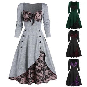 Vestidos casuais mulheres Big Swing Lace Stitching Lady Dress Classic de manga comprida Winter Invery Button Design Party for Banquet