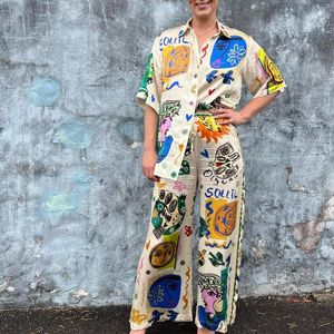 Kadın Pantolon Kadın Retro Totem Baskı Ipek Set Tek Göğüslü Gevşek Rahat Bluz Elastik Bel Geniş Bacak Tops