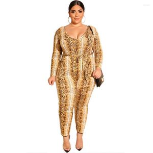 Pants Plus Size Sexy Women Casual Jumpsuits Retro Snake Printed O Neck Skinny Long Sleeve Rompers Large Streetwear Overalls 5XL