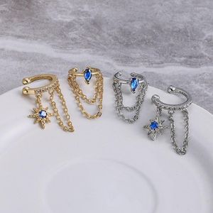 Backs Earrings Double Chain Clip On For Women French Style Blue Zircon Star Ear Cuff Gold Color Cartilage Fake Piercing Jewelry KCE203